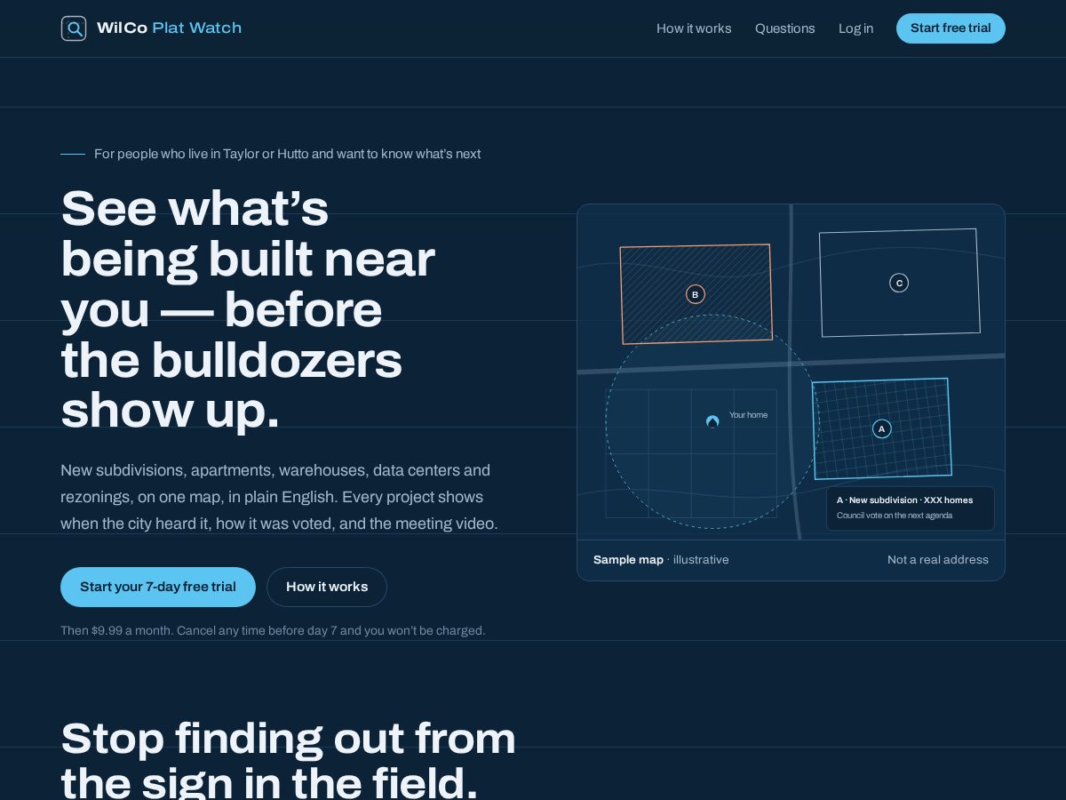 Landing-page snapshot of wilcoplatwatch.com