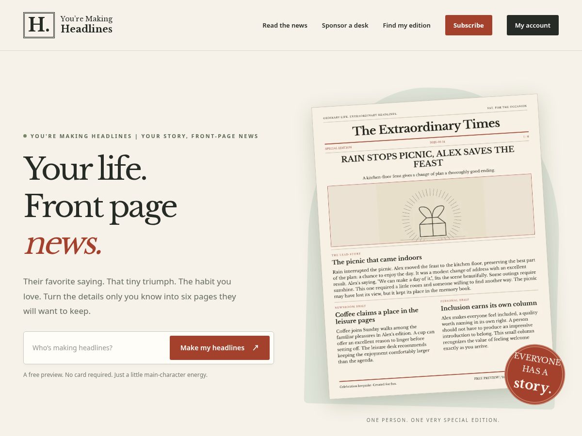 Landing-page snapshot of youremakingheadlines.com