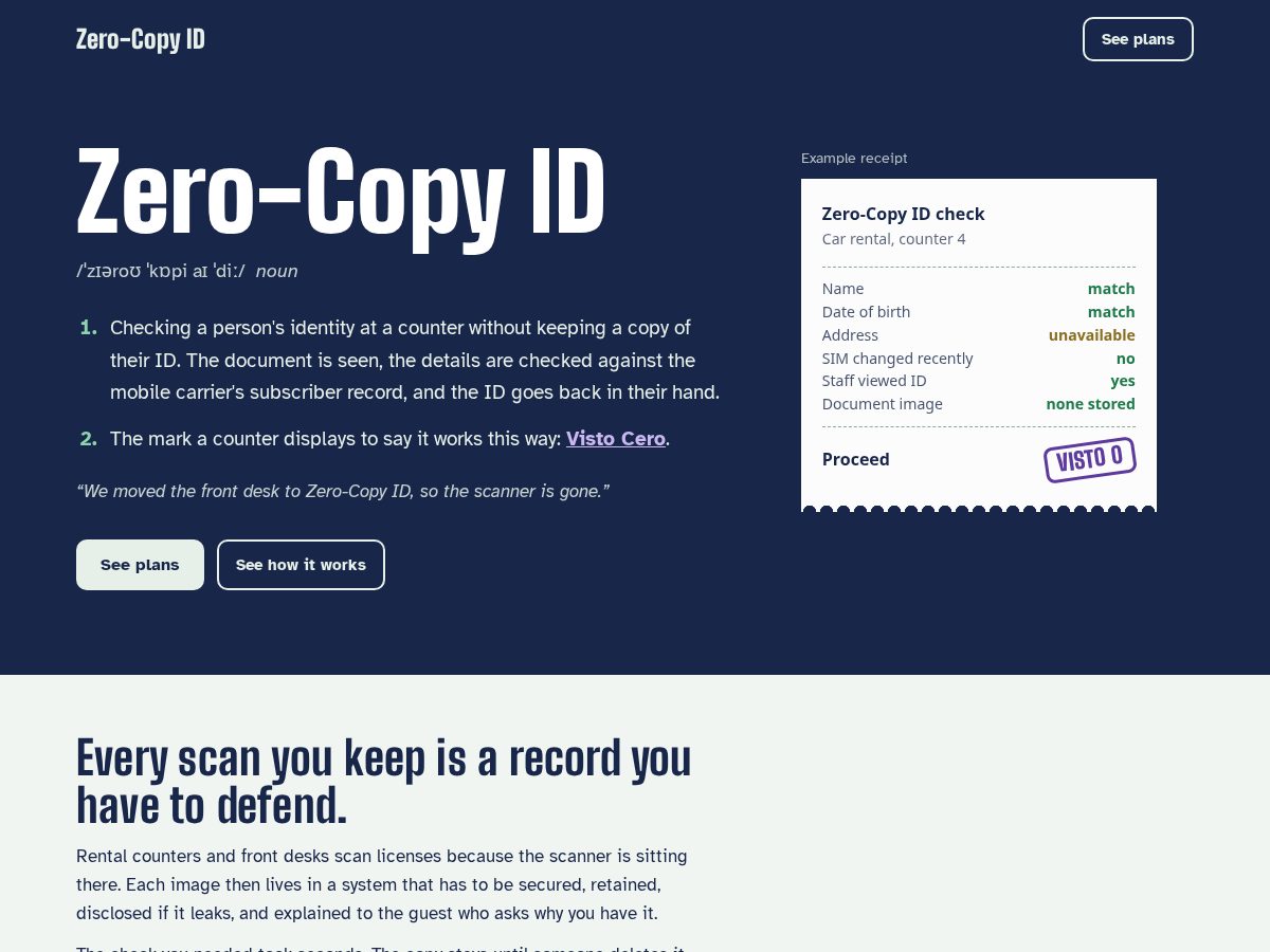 Landing-page snapshot of zerocopyid.com