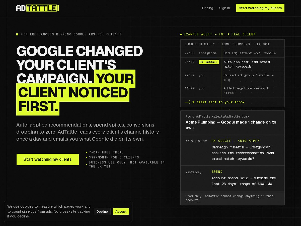 Landing-page snapshot of adtattle.com