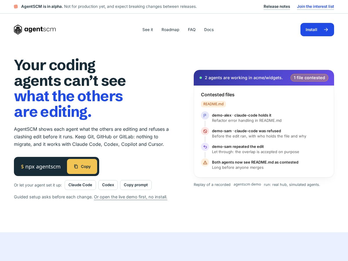 Landing-page snapshot of agentscm.dev