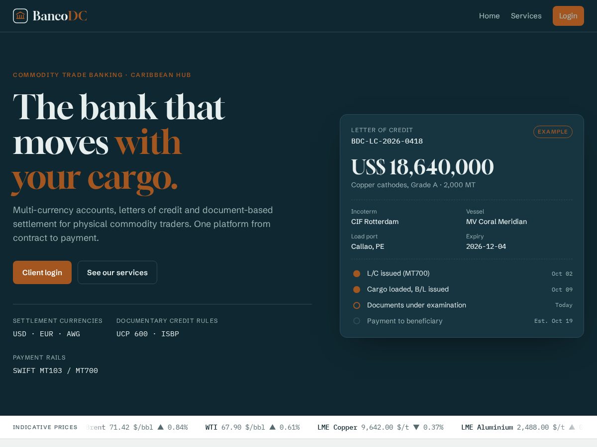Landing-page snapshot of bancodc.com