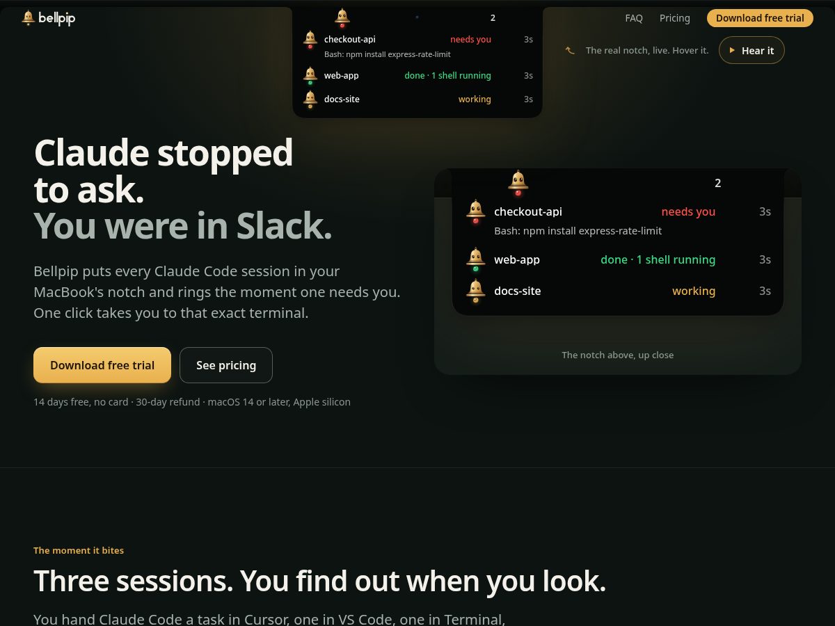 Landing-page snapshot of bellpip.com