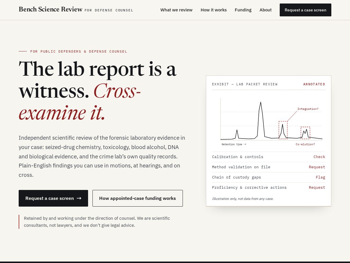 Landing-page snapshot of benchsciencereview.com