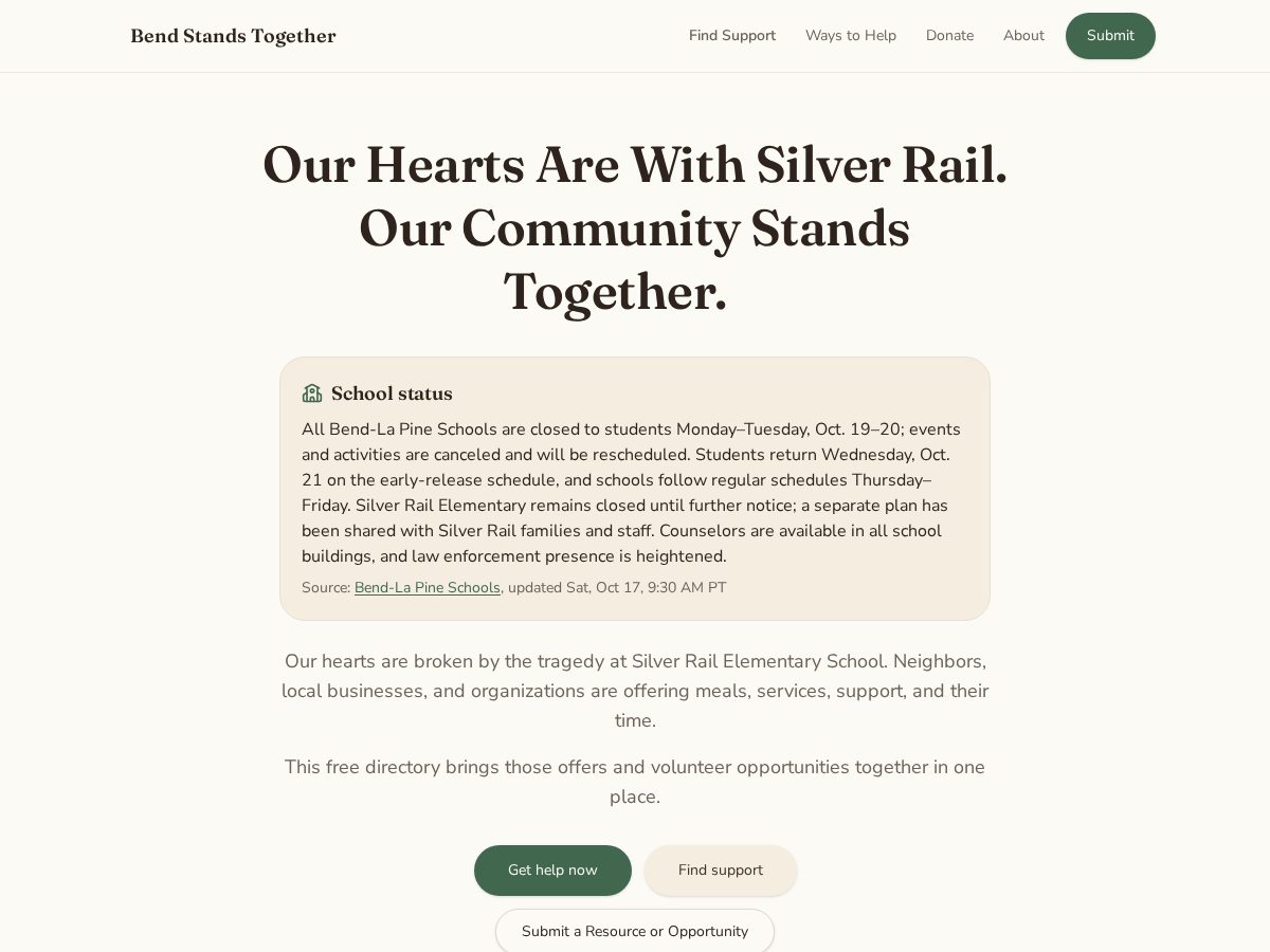 Landing-page snapshot of bendstandstogether.org