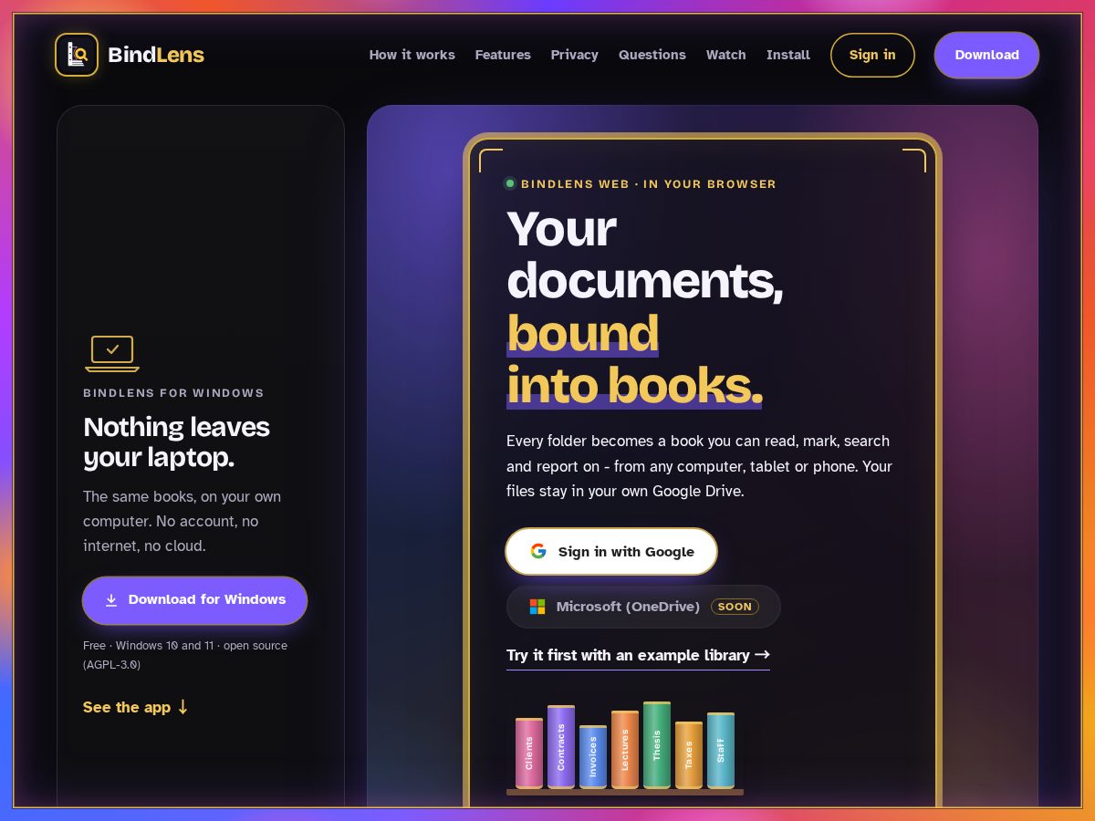 Landing-page snapshot of bindlens.com
