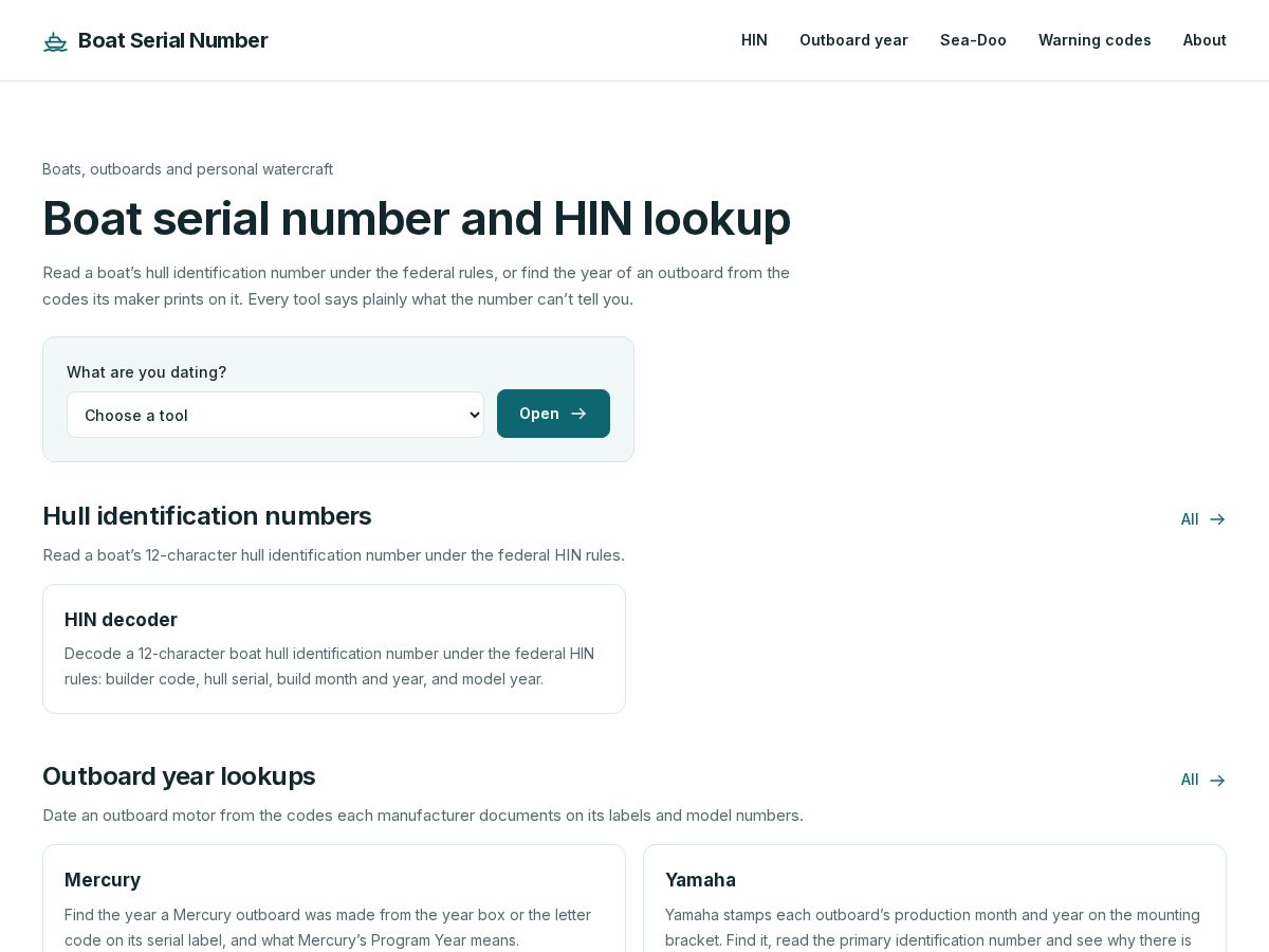 Landing-page snapshot of boatserialnumber.com