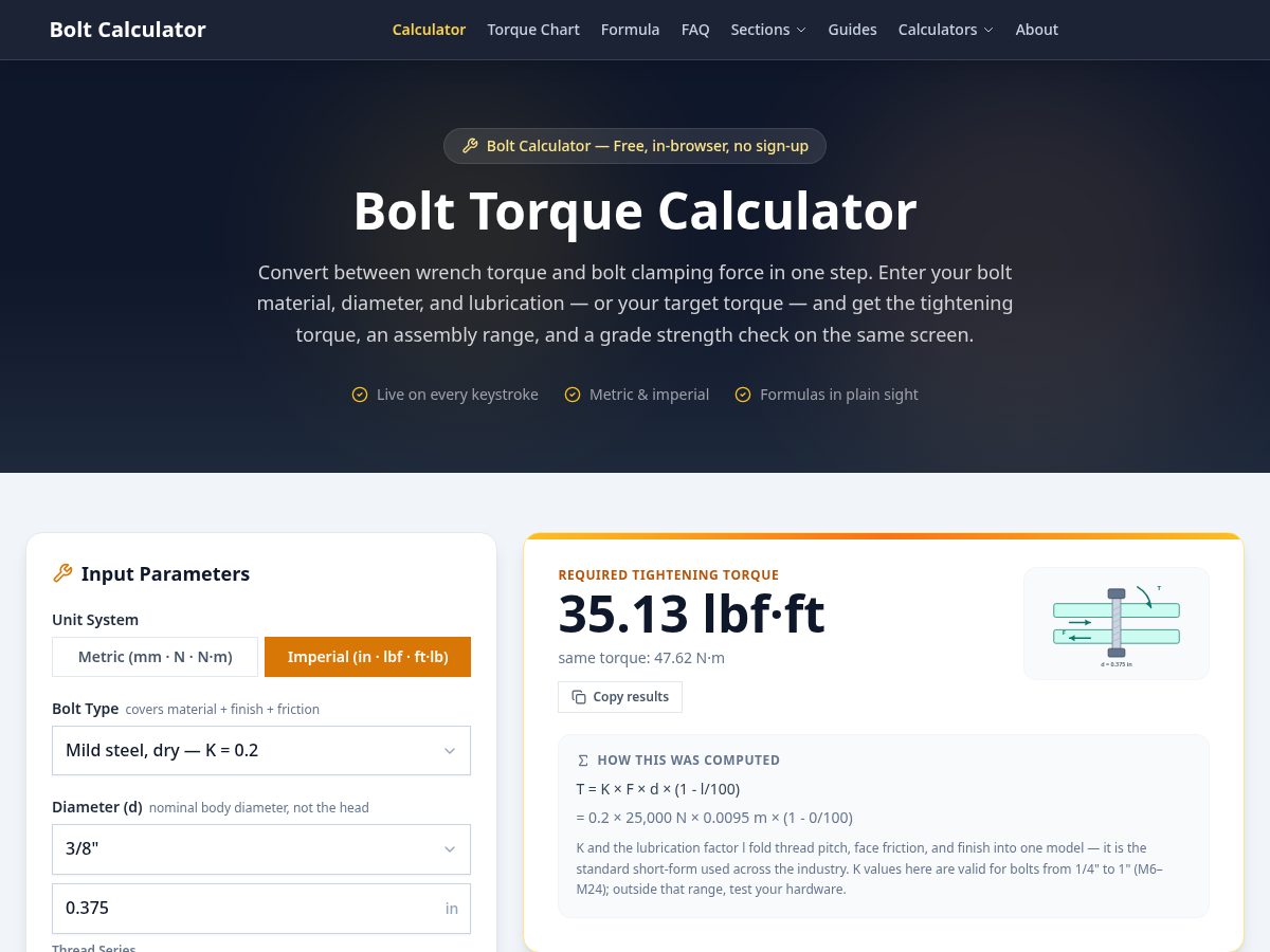 Landing-page snapshot of bolt-calculator.com
