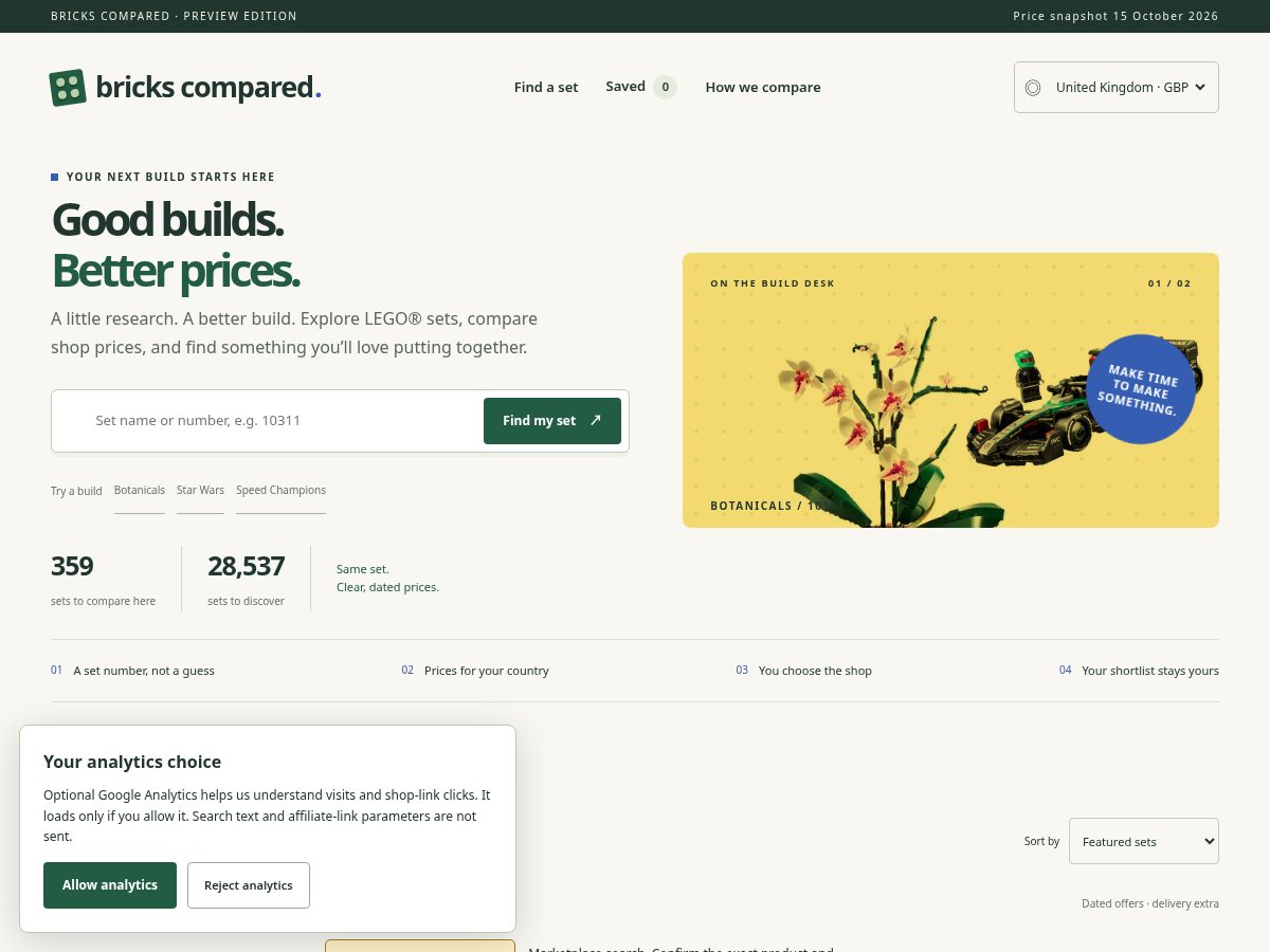 Landing-page snapshot of brickscompared.com