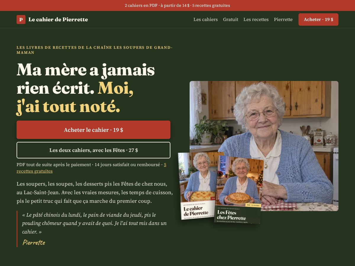 Landing-page snapshot of cahierdepierrette.store