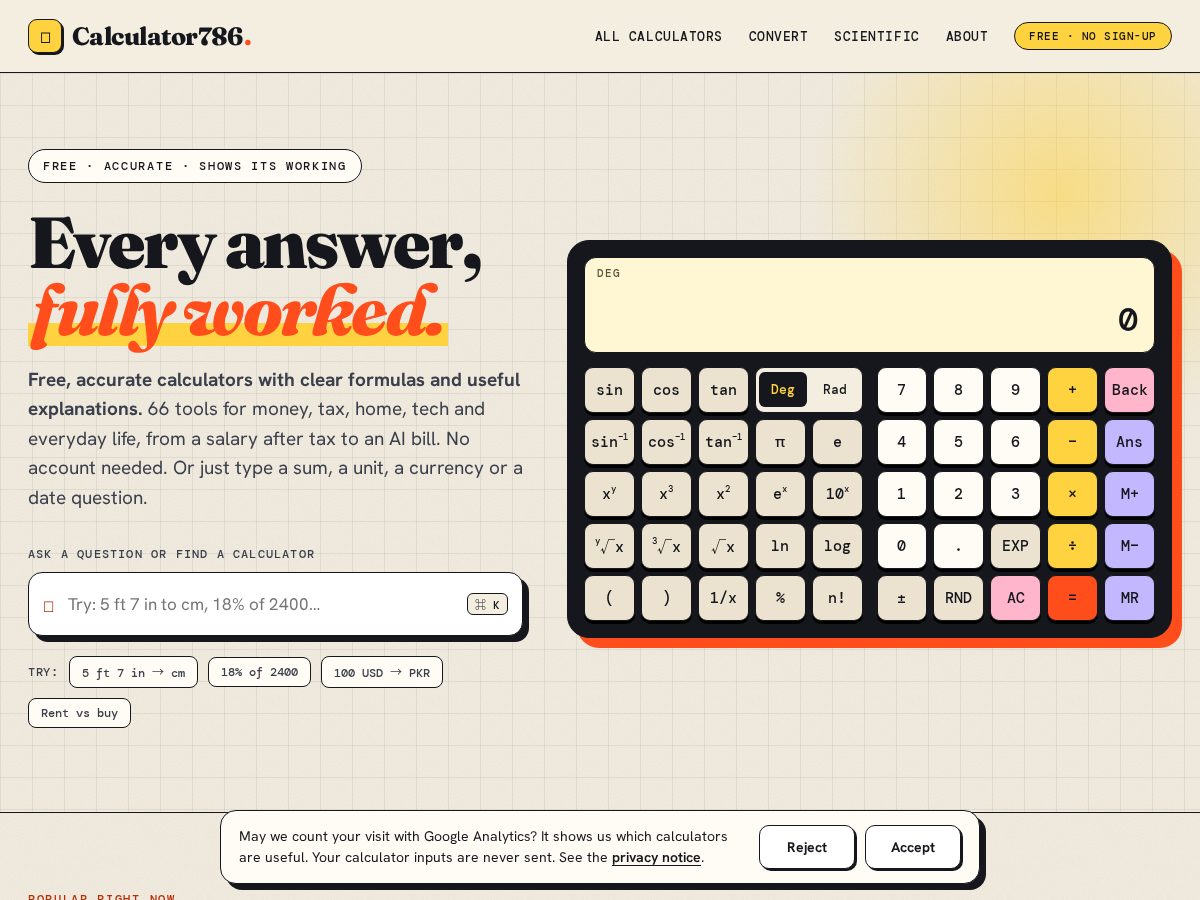 Landing-page snapshot of calculator786.com