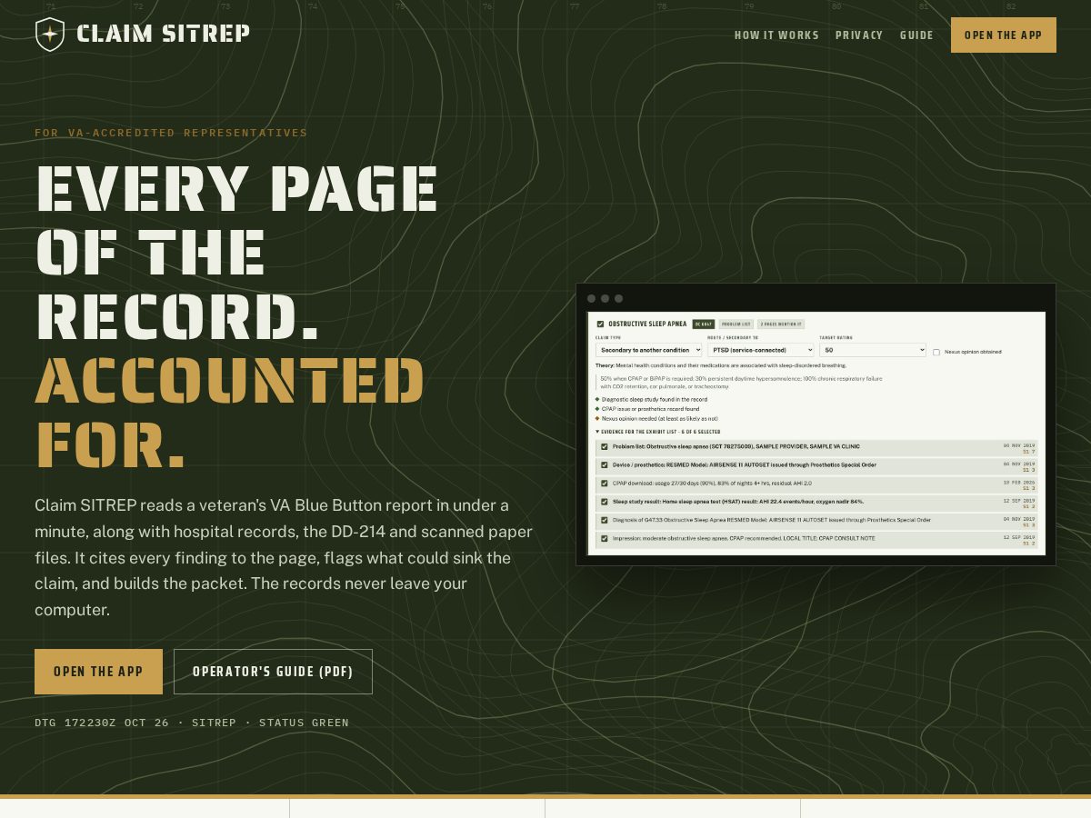 Landing-page snapshot of claimsitrep.com