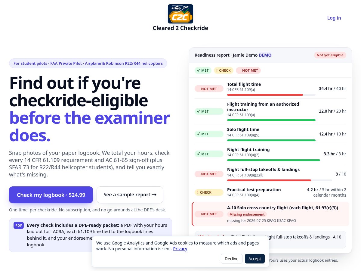 Landing-page snapshot of cleared2checkride.com