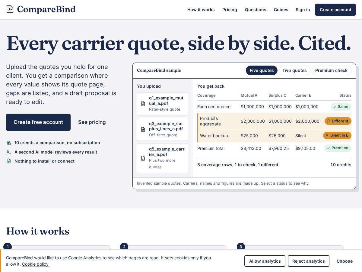 Landing-page snapshot of comparebind.com