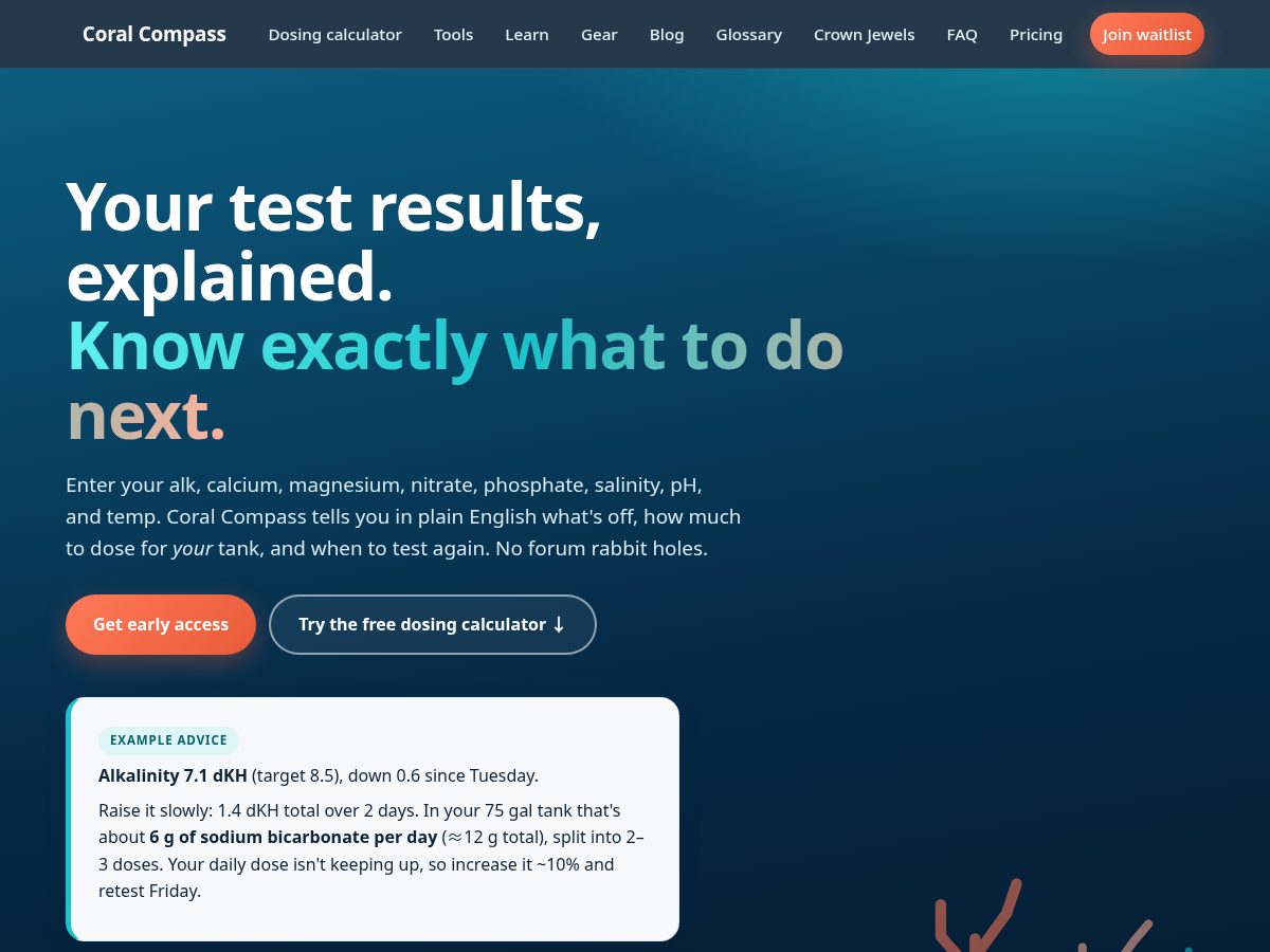 Landing-page snapshot of coralcompass.app
