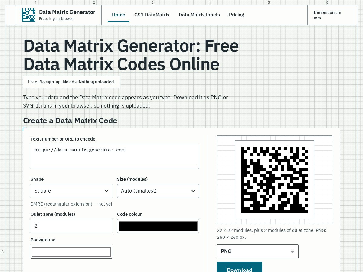 Landing-page snapshot of data-matrix-generator.com
