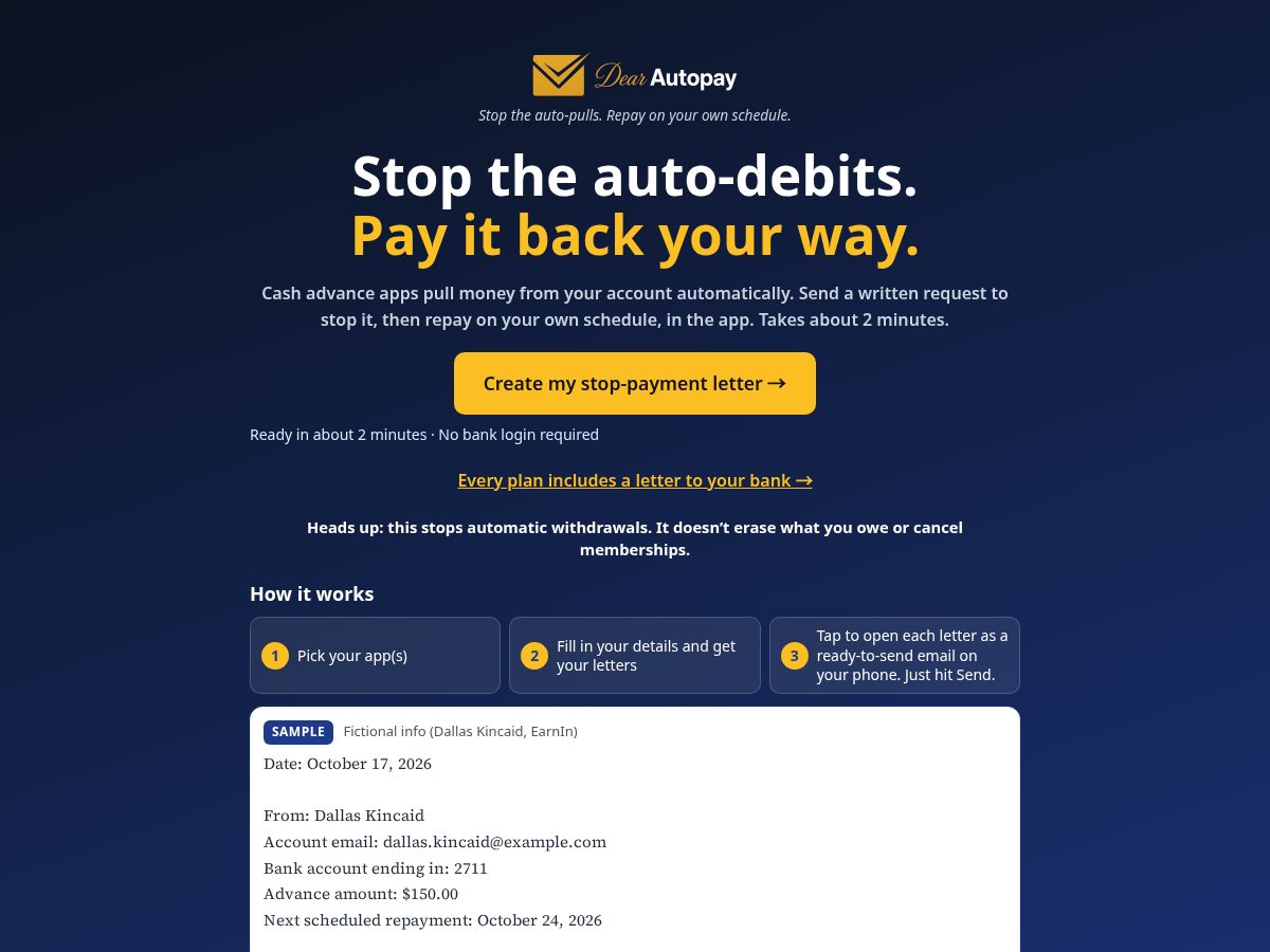 Landing-page snapshot of dearautopay.com
