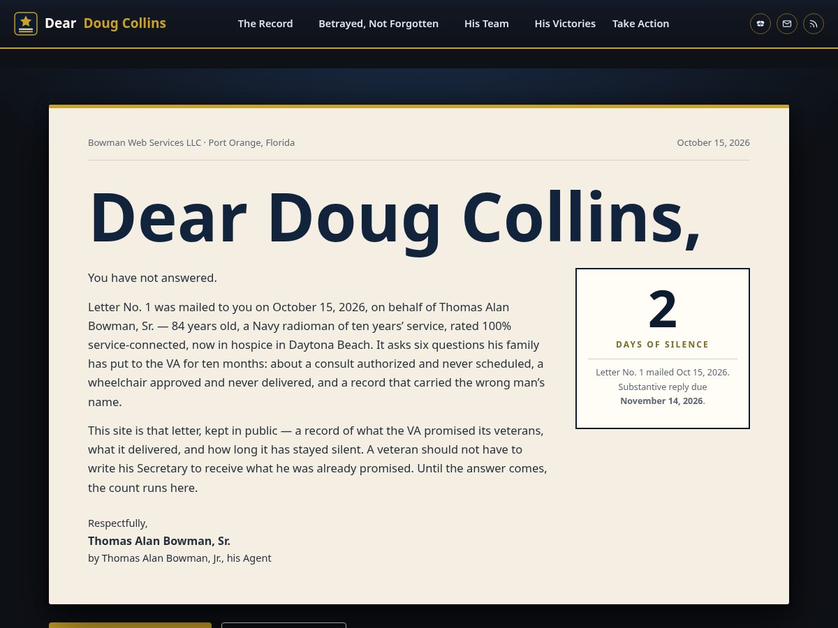 Landing-page snapshot of deardougcollins.com