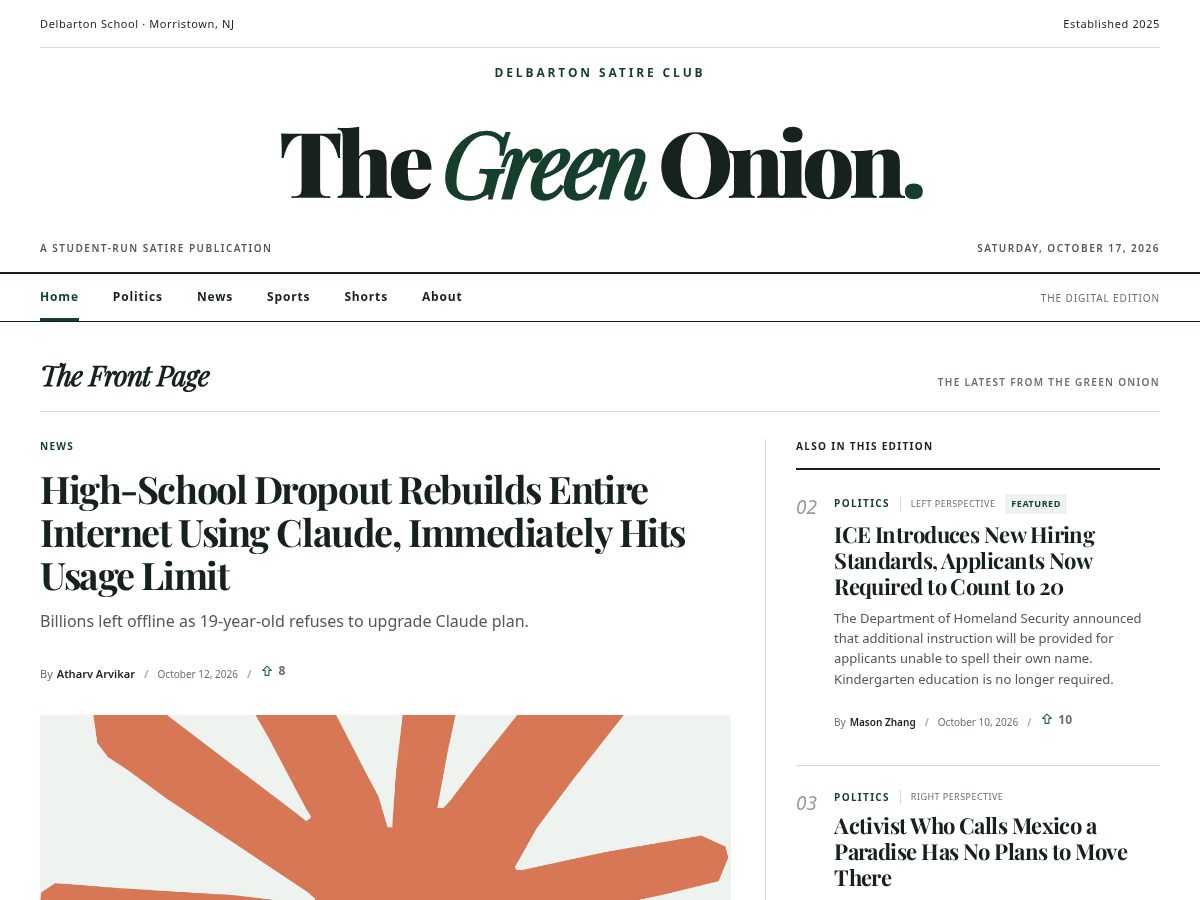 Landing-page snapshot of delbartonsatire.org