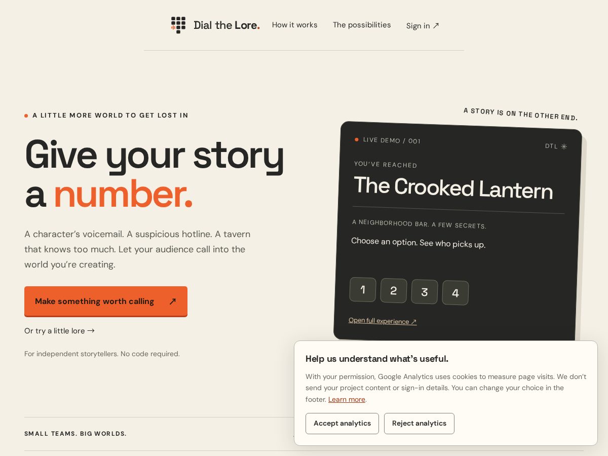 Landing-page snapshot of dialthelore.com