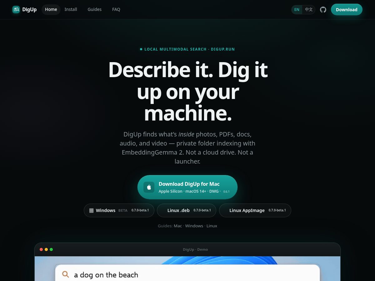Landing-page snapshot of digup.run