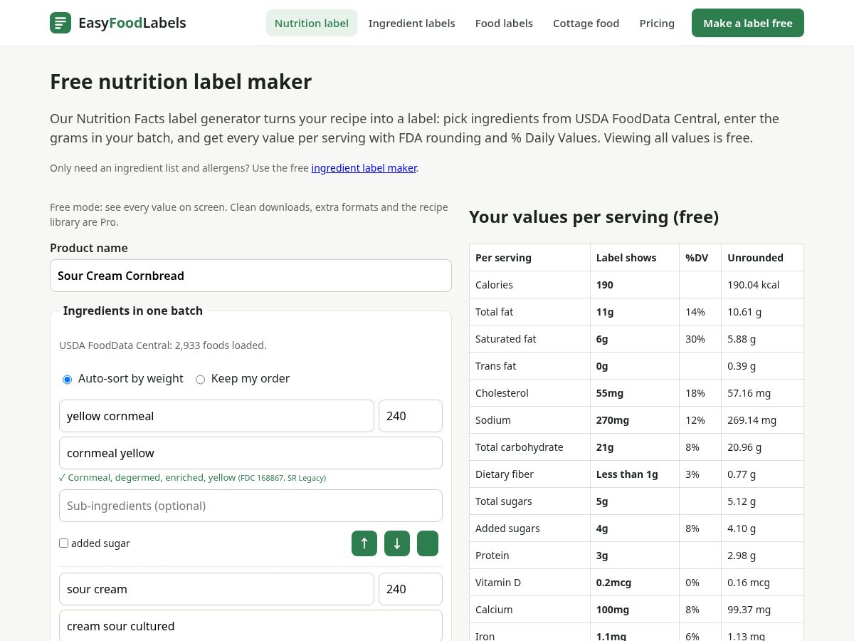 Landing-page snapshot of easyfoodlabels.com