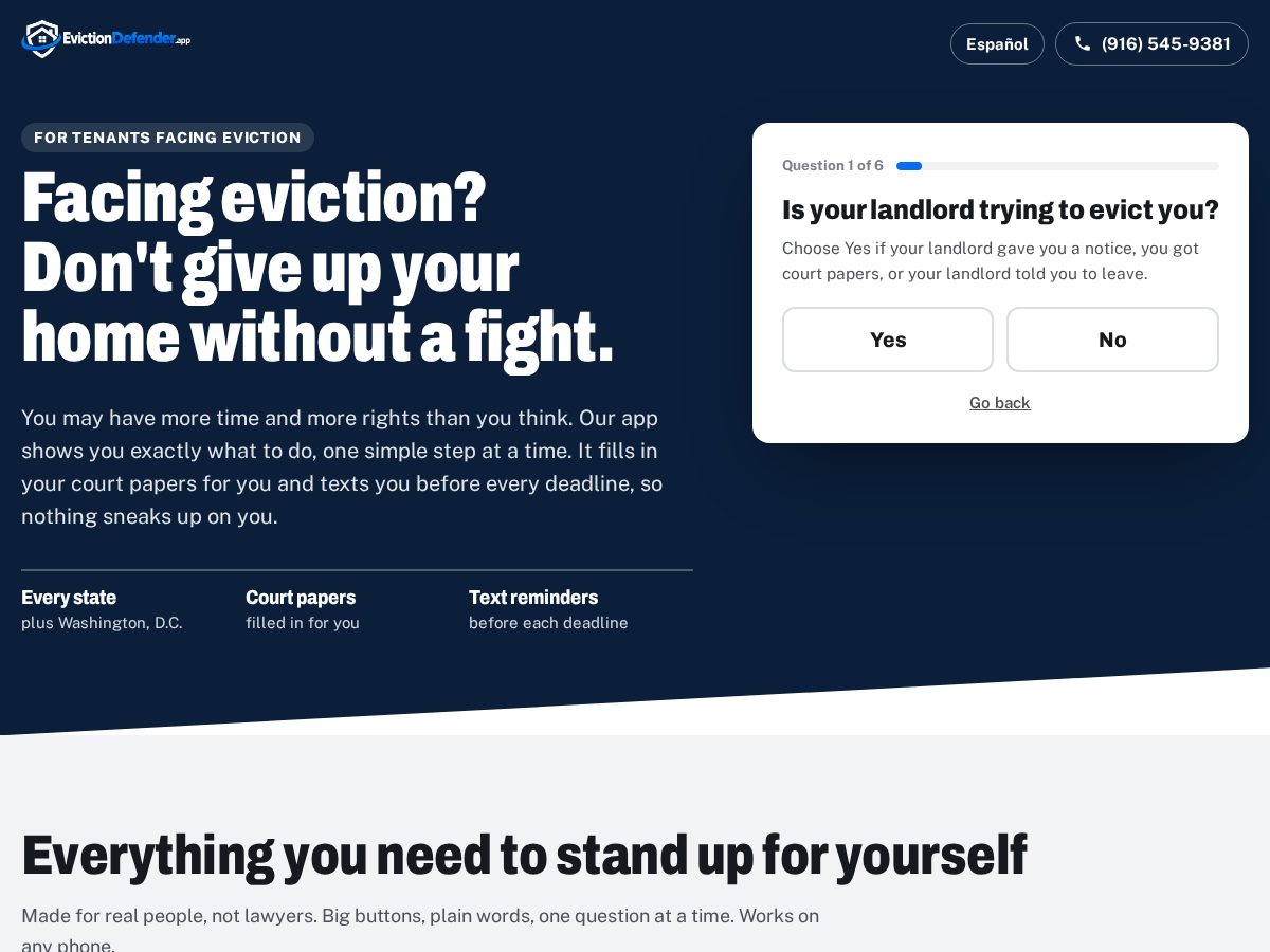 Landing-page snapshot of evictiondefender.app