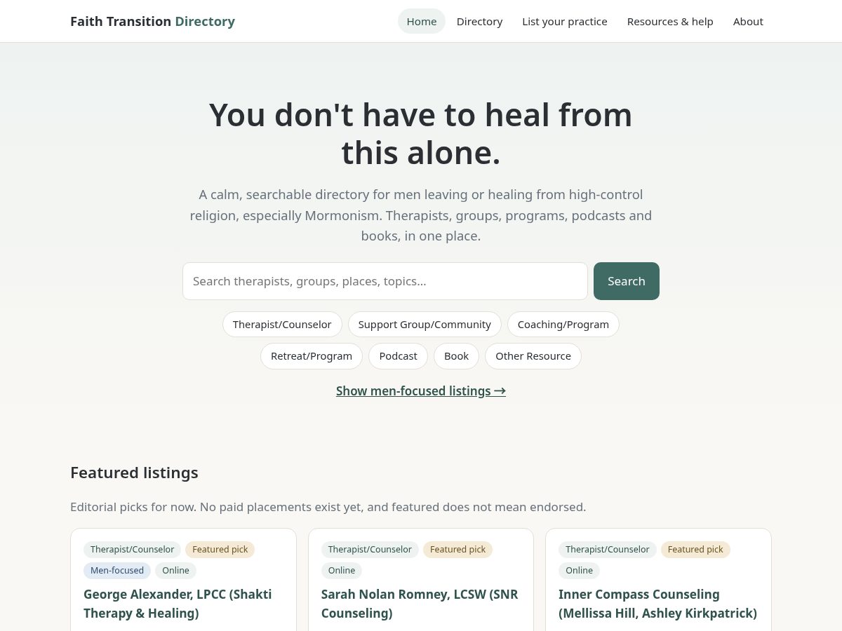 Landing-page snapshot of faithtransitiondirectory.com