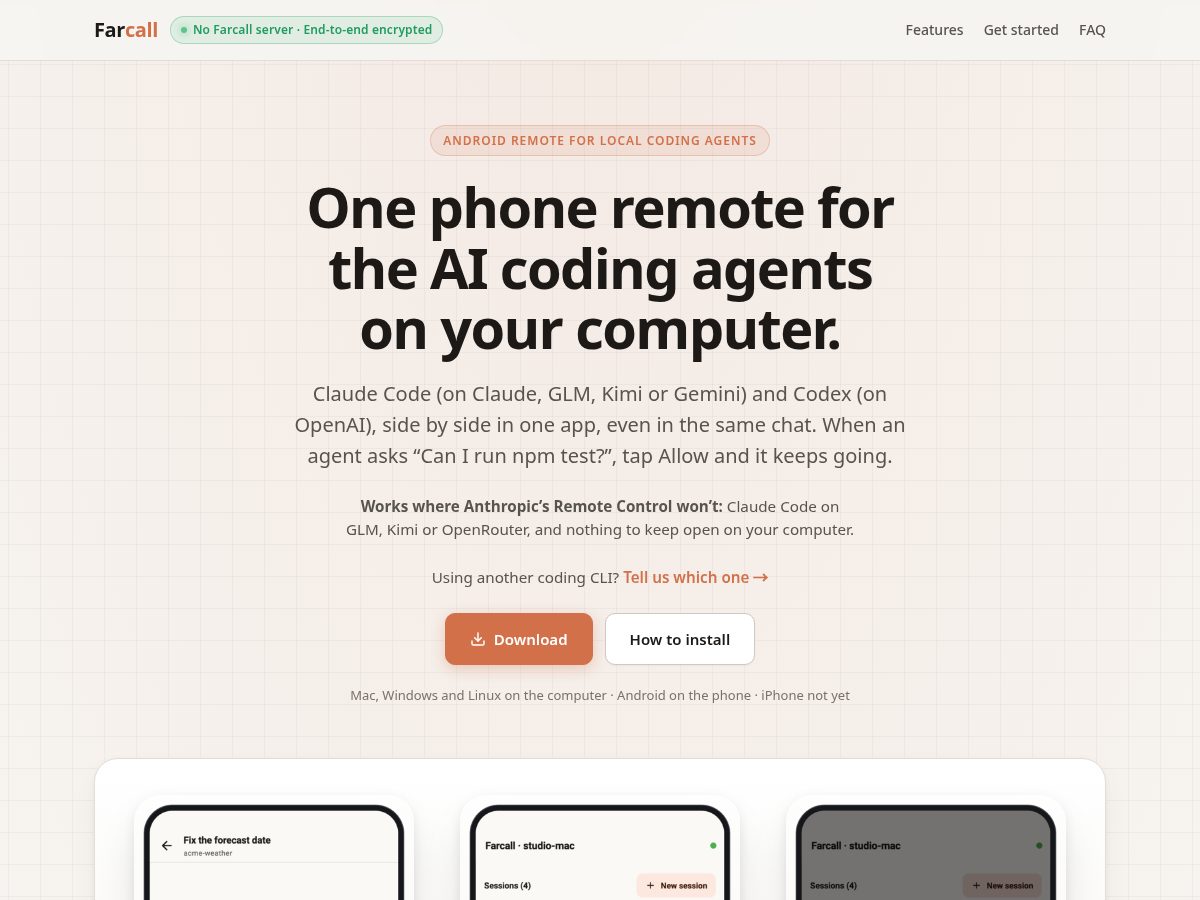 Landing-page snapshot of farcall.app