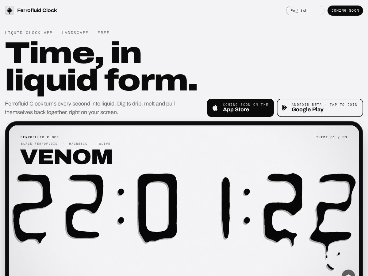 Landing-page snapshot of ferrofluidclock.app