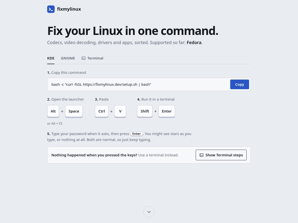 Landing-page snapshot of fixmylinux.dev