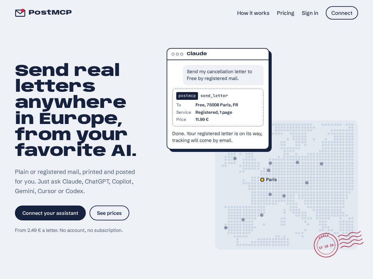Landing-page snapshot of getpostmcp.com