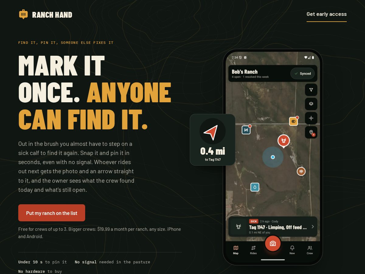 Landing-page snapshot of getranchhand.com