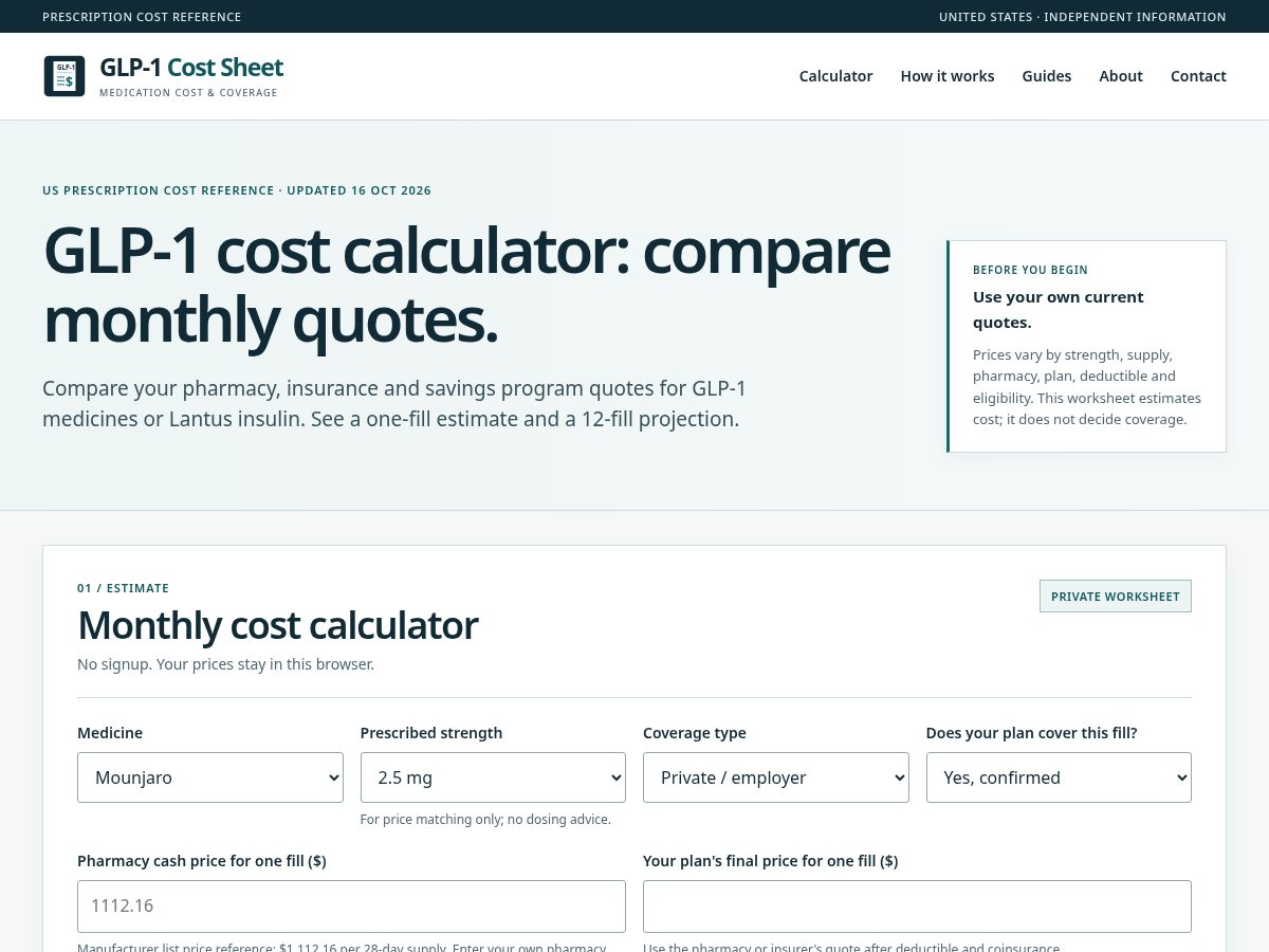 Landing-page snapshot of glp1costsheet.com