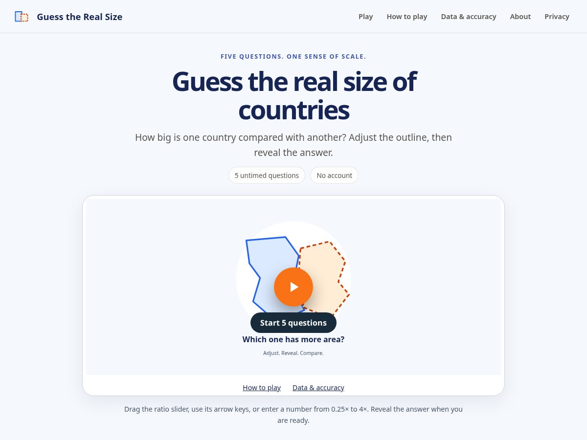 Landing-page snapshot of guesstherealsize.com