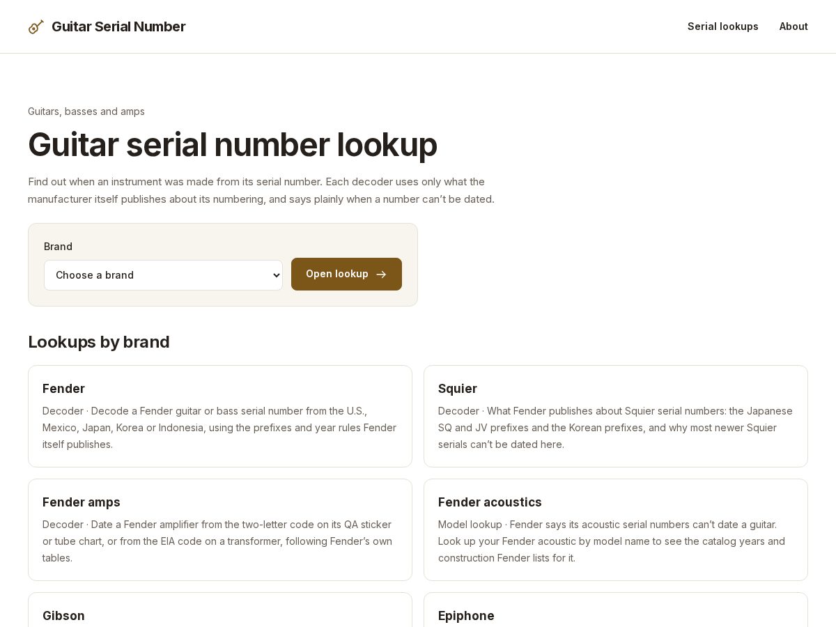 Landing-page snapshot of guitarserialnumber.com