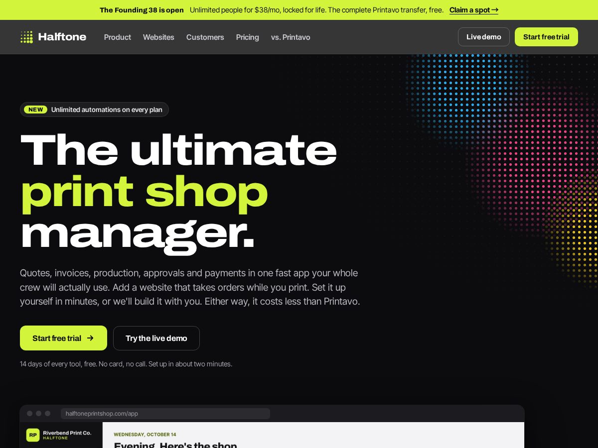 Landing-page snapshot of halftoneprintshop.com