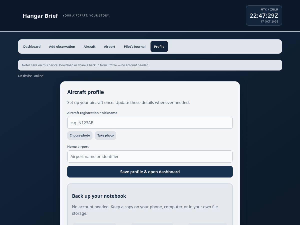 Landing-page snapshot of hangarbrief.com
