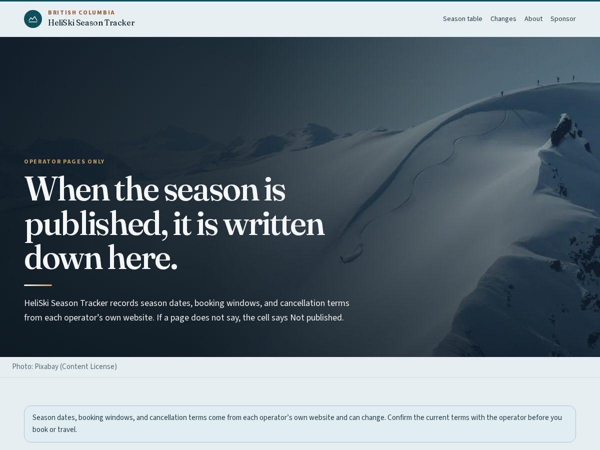 Landing-page snapshot of heliskiseasons.com