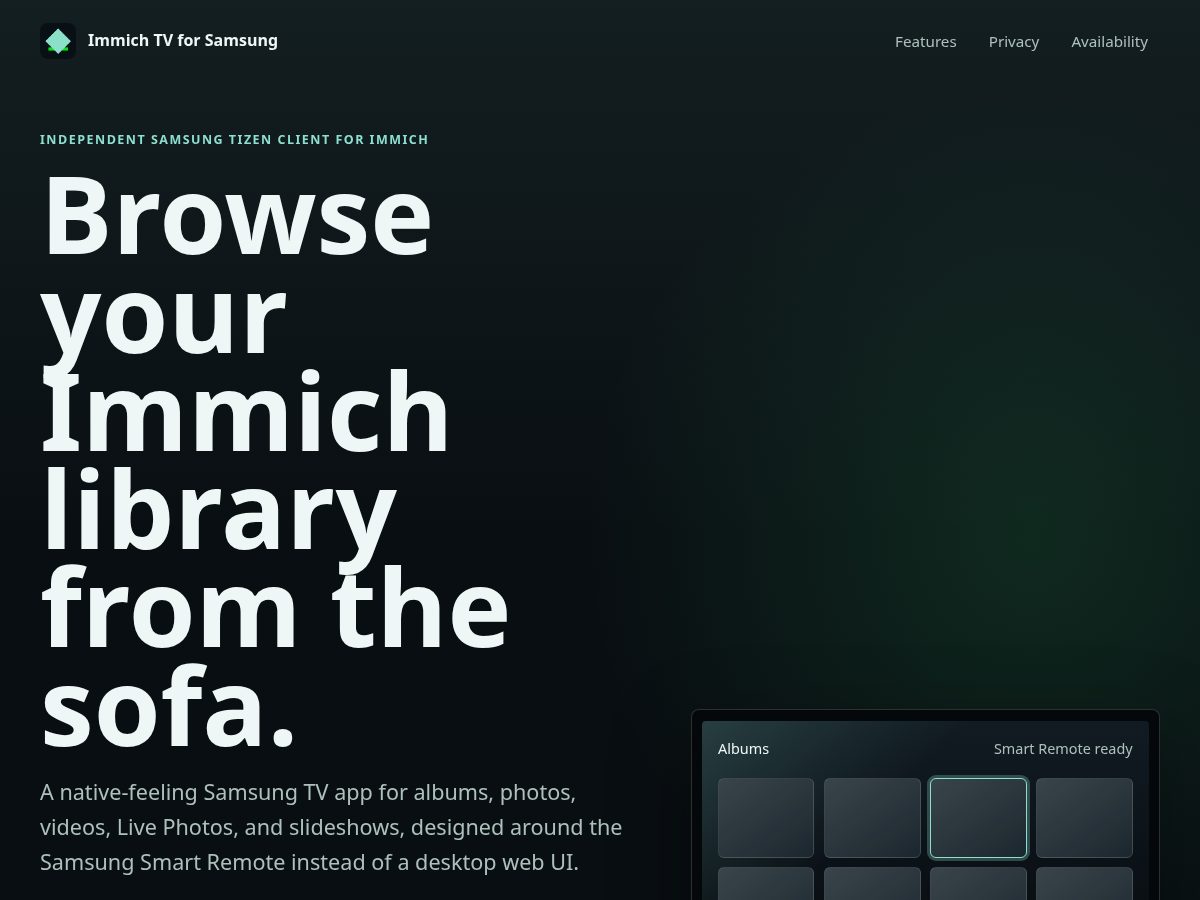 Landing-page snapshot of immich-samsungtv.app