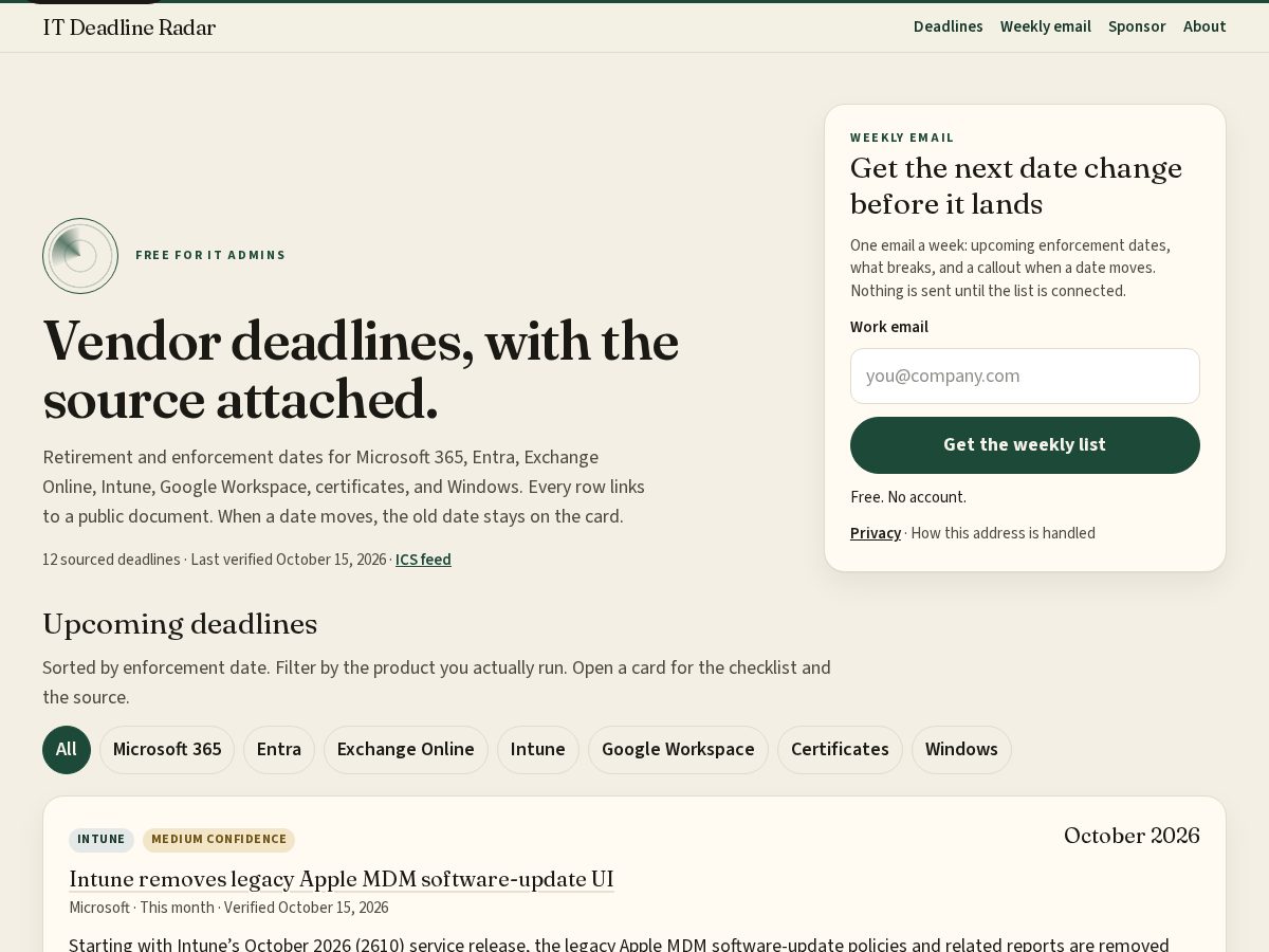 Landing-page snapshot of itdeadlineradar.com