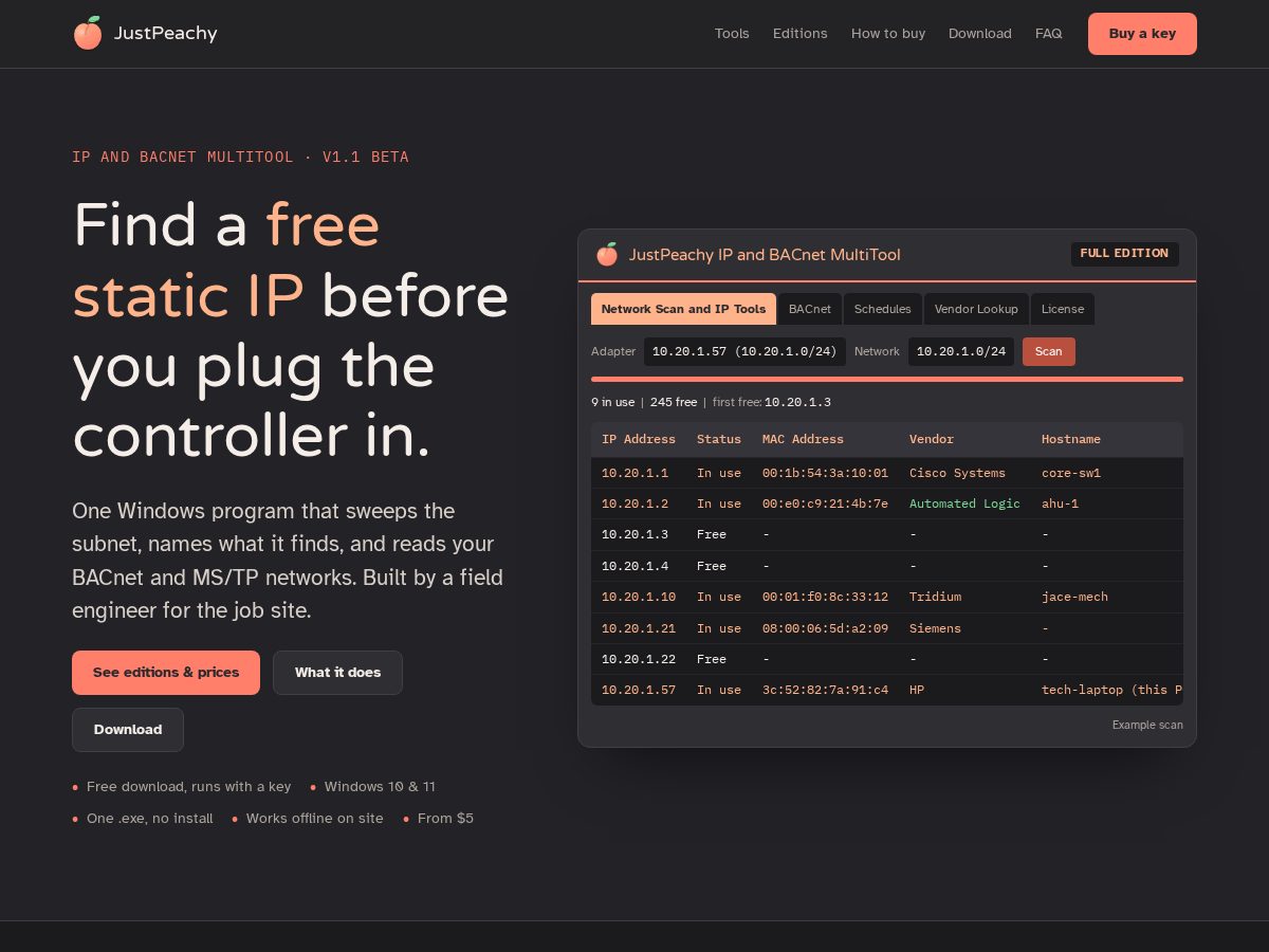 Landing-page snapshot of justpeachytools.com