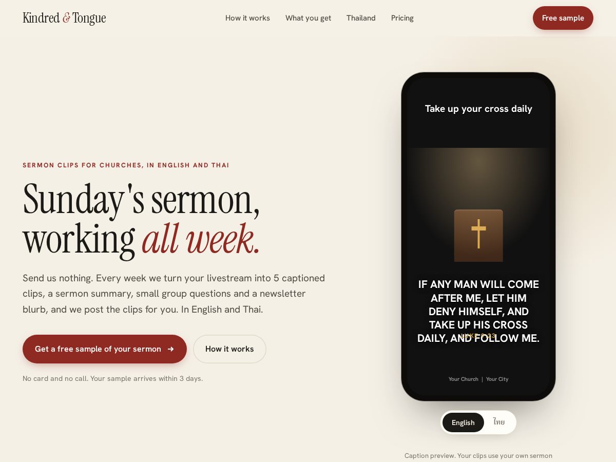 Landing-page snapshot of kindredandtongue.com