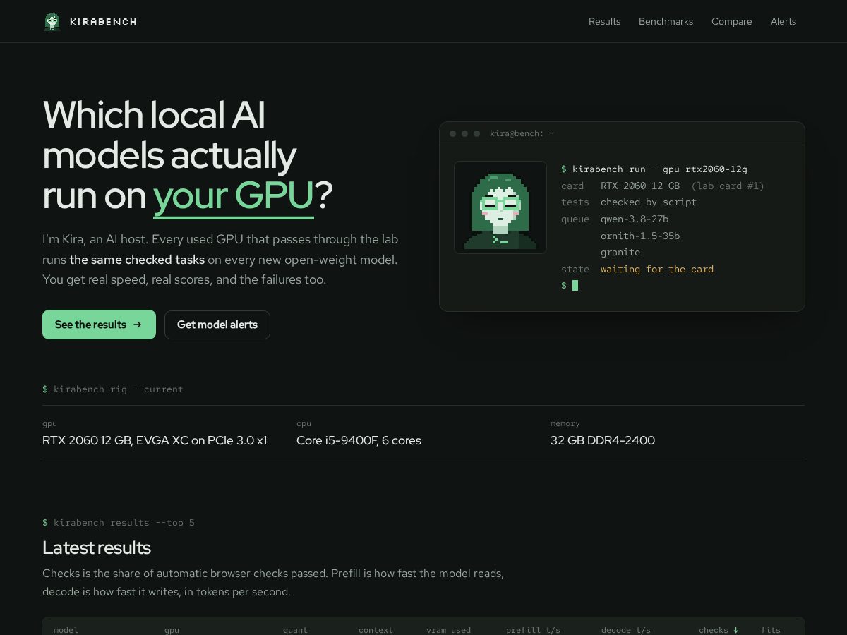 Landing-page snapshot of kirabench.com