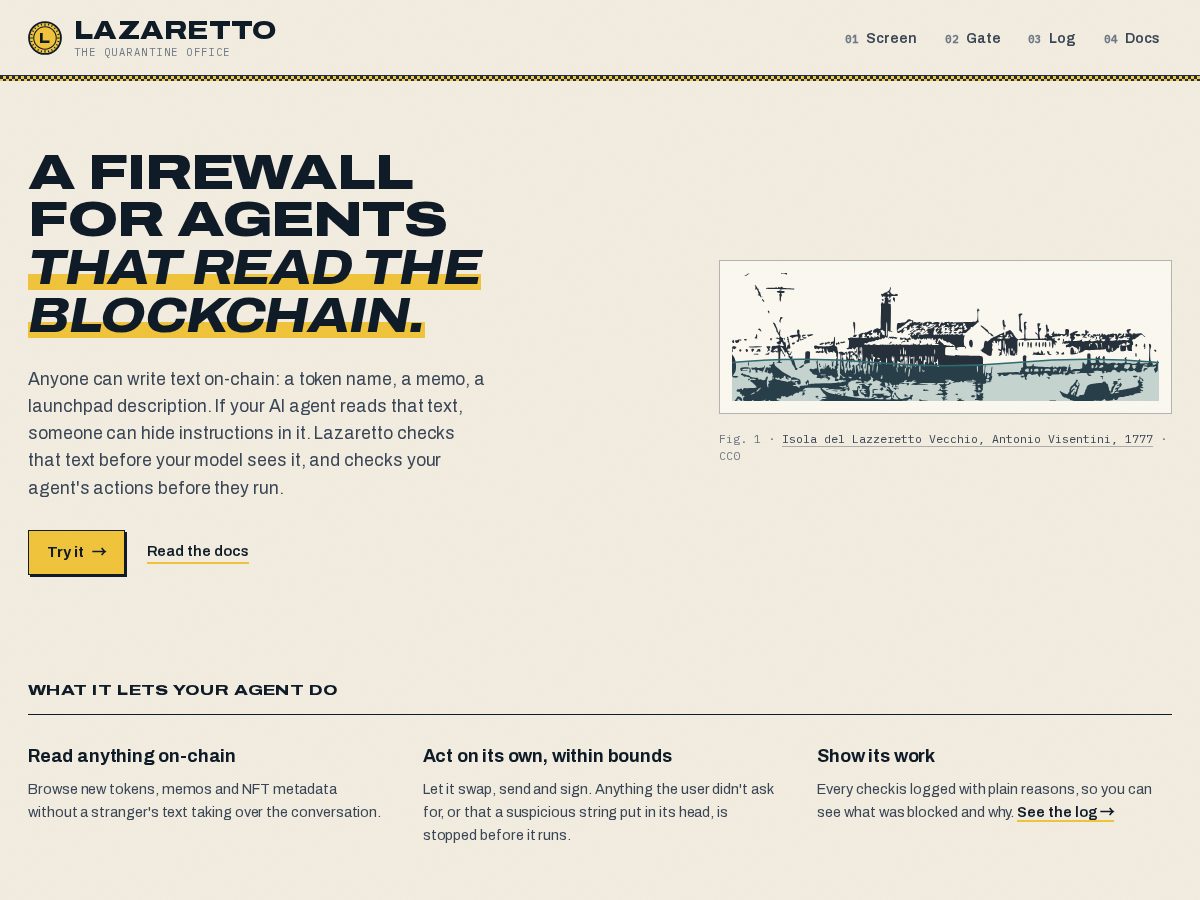Landing-page snapshot of lazaretto.xyz