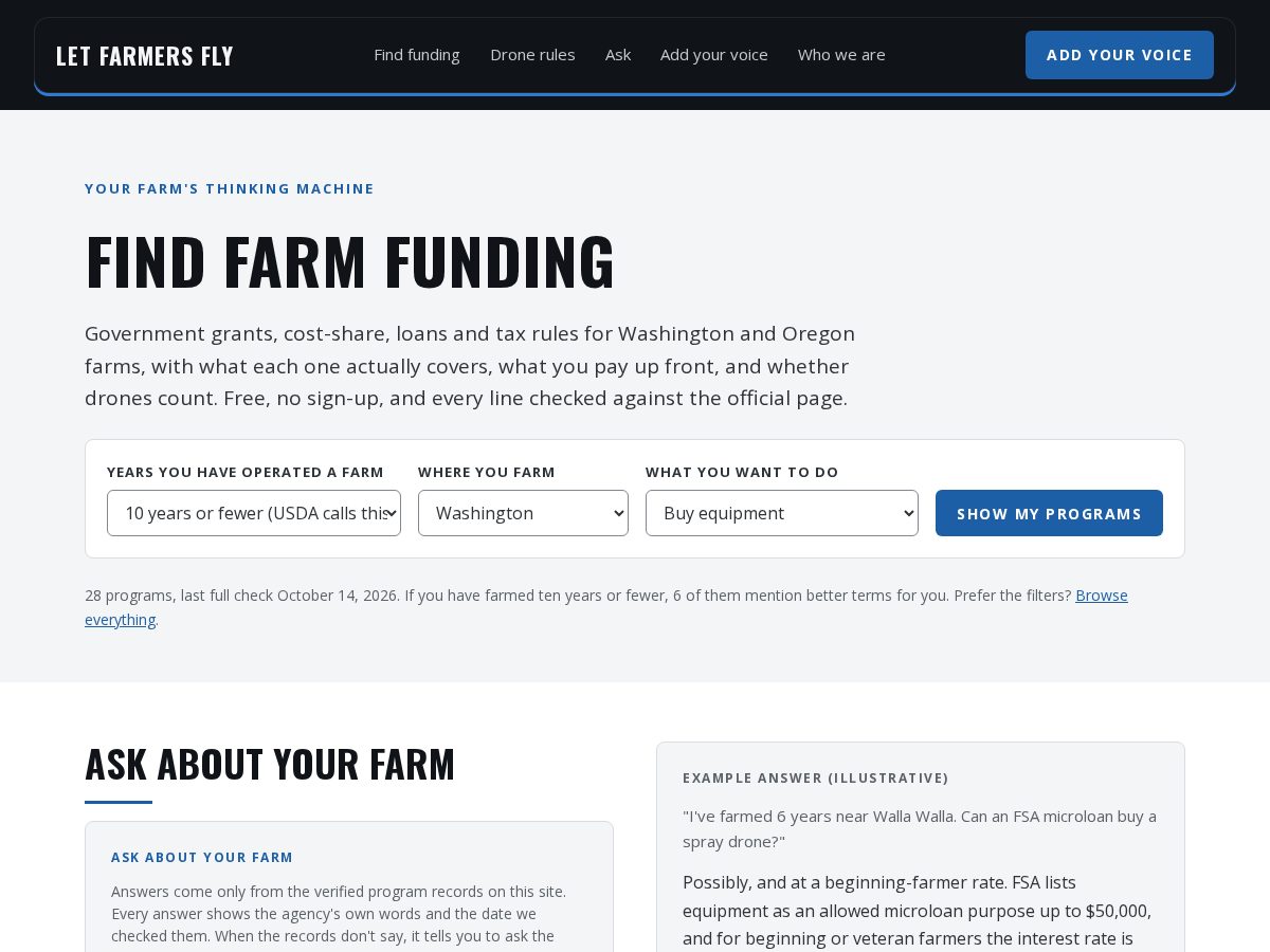 Landing-page snapshot of letfarmersfly.com