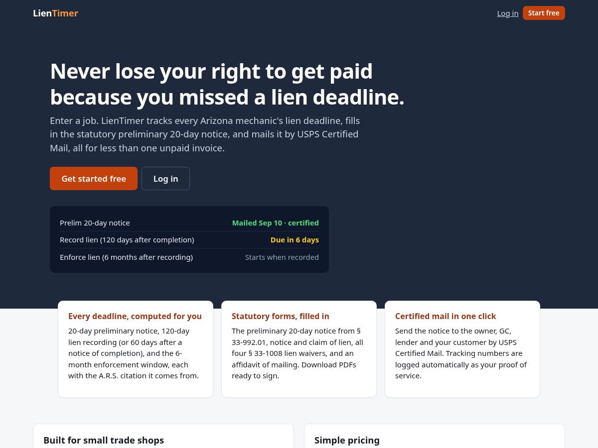 Landing-page snapshot of lientimer.com