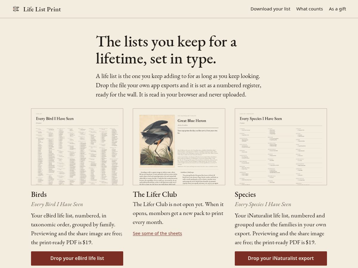Landing-page snapshot of lifelistprint.com