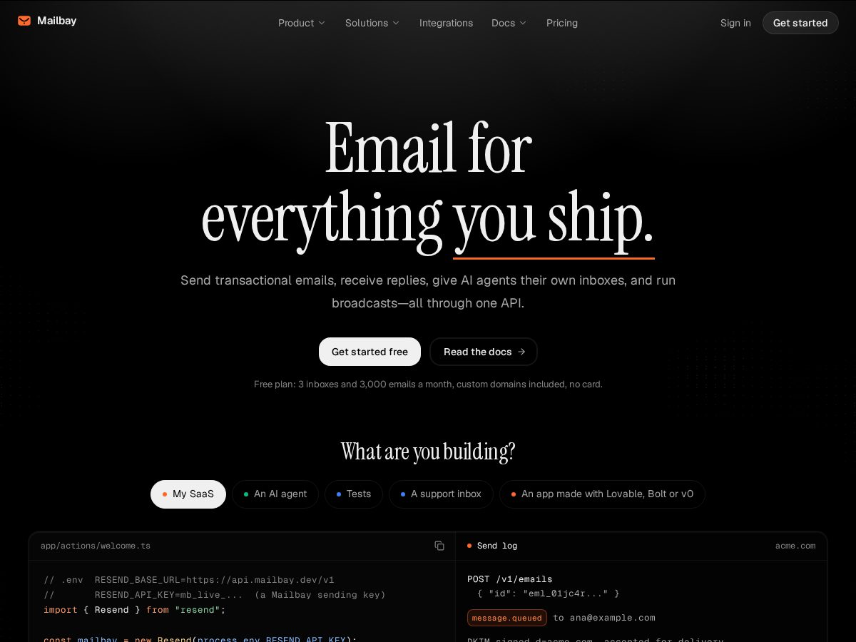 Landing-page snapshot of mailbay.dev