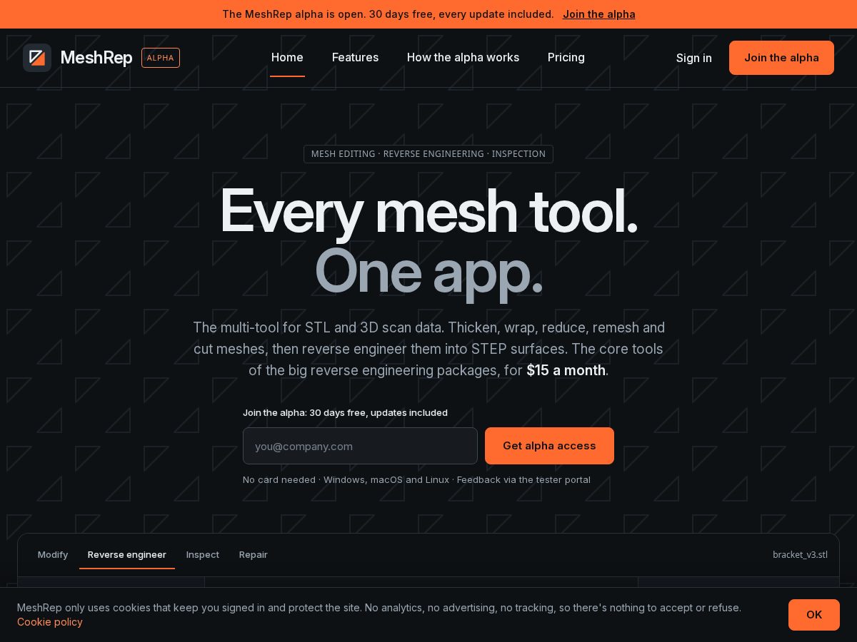 Landing-page snapshot of meshrep.dev